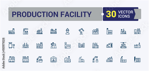 Production Facility icon collection. Includes icons for industry, machinery, production, manufacturing, productivity, industrial and more. Minimal linear icons. Solid line editable stroke.