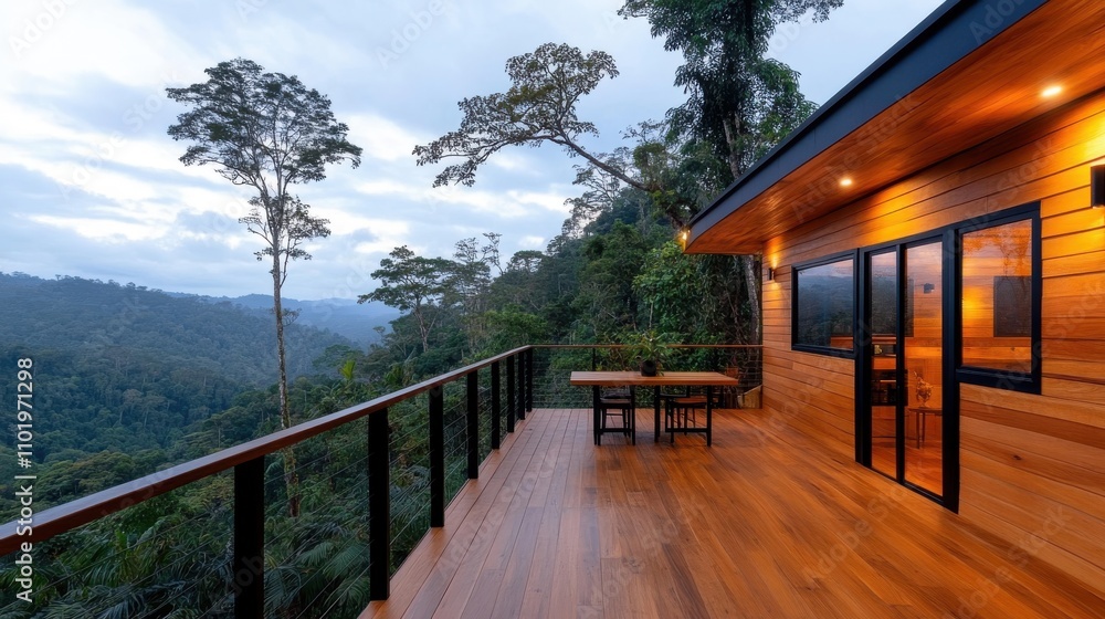 A sleek, contemporary wooden deck with warm lighting, overlooking a dense rainforest at dusk. Conveys modern comfort amidst untamed nature. A sleek, contemporary wooden deck with warm lighting, overlooking a dense rainforest at dusk. Conveys modern comfort amidst untamed nature.