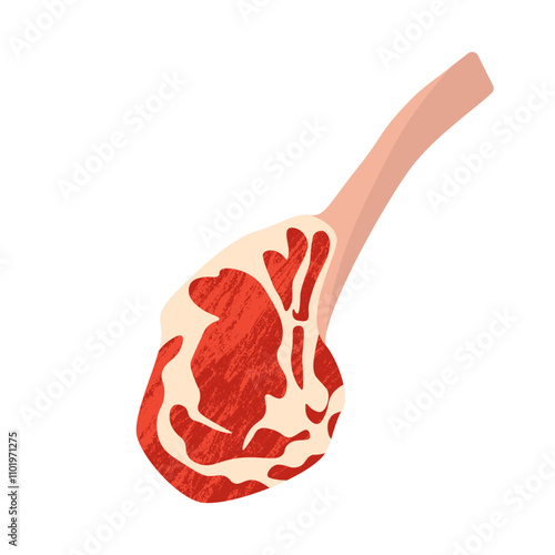 Tomahawk beef steak. Barbecue raw red meat fillet for grill, cartoon flat sirloin ribeye cut steakhouse menu food, butchery restaurant concept. Vector isolated illustration