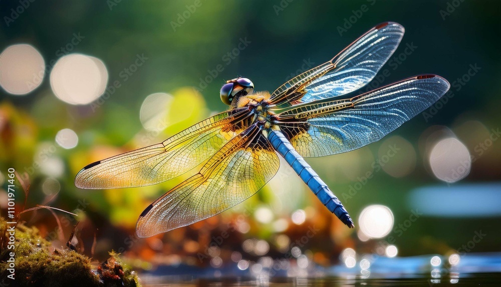 A close-up of a shimmering dragonfly hovering above a pond A close-up of a shimmering dragonfly hovering above a pond