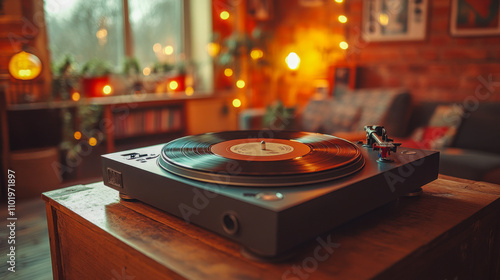 Vintage turntable playing vinyl record in cozy, warmly lit living room setting