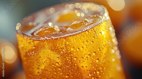 ** Close-Up of Refreshing Fizzy Orange Soda with Ice Cubes in a Glass Capturing Bubbles and Effervescence..** photo