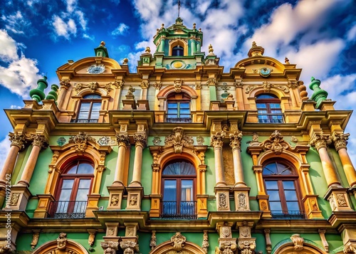 Vertical Symmetrical Shot of an Elegant Old Architecture Building Emphasizing Classic Design Elements and Historic Charm in an Urban Landscape Setting