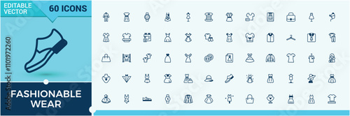 Fashionable Wear icon set. Contains related to handbag, shoe, trousers, pant, man and more. Thin linear style icons. Solid line editable stroke.