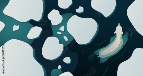 Polar Bear swimming in cold Arctic water surrounded by floating ice patches. Global warming illustration with melting ice. Bear in the wild. Vector