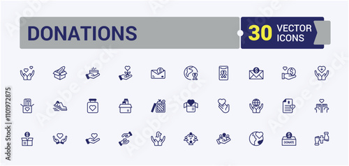 Donations icon collection. Contains related to love, help, assistance, collaborate and more. Outline symbol collection. Outline and solid pictogram.