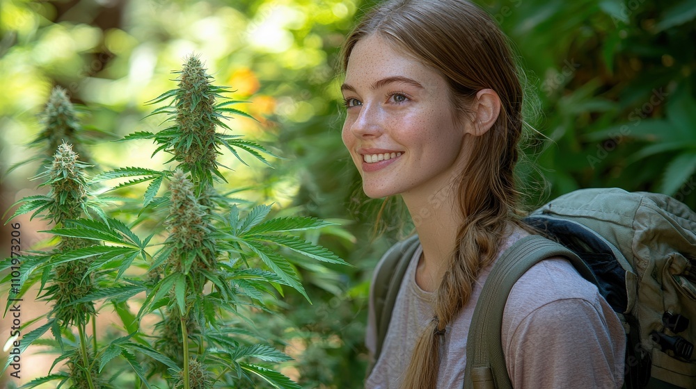 A smiling young woman stands beside cannabis plants in a lush natural setting, wearing a backpack, embodying a connection with nature. A smiling young woman stands beside cannabis plants in a lush natural setting, wearing a backpack, embodying a connection with nature.