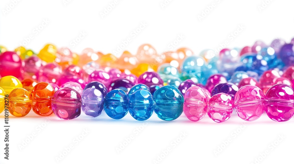 Shiny plastic beads in bright colors, isolated on white background, arranged in a row to highlight playful aesthetic Shiny plastic beads in bright colors, isolated on white background, arranged in a row to highlight playful aesthetic