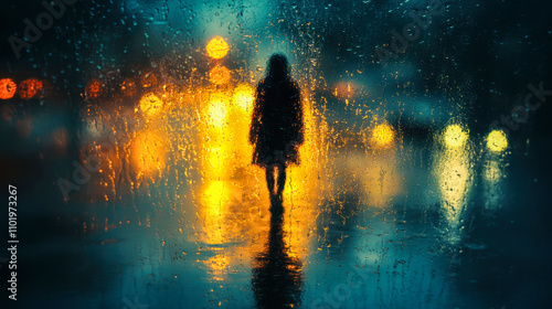 Woman walking on rainy city street at night, silhouette illuminated by streetlights