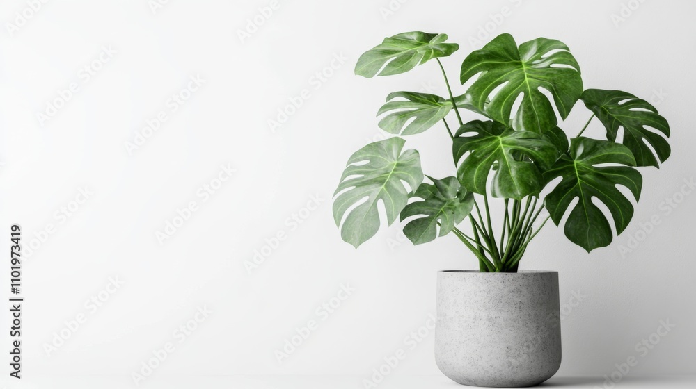 Fototapeta premium clean image of a large leaf house plant Monstera deliciosa in a gray pot on a white background