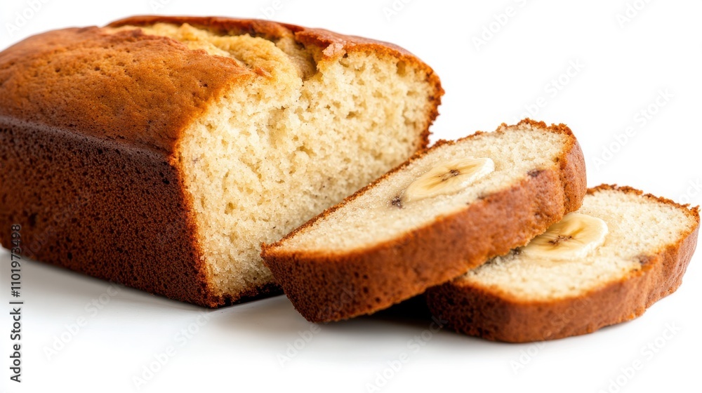 A banana bread loaf is partially sliced with visible banana pieces, capturing the essence of homemade baking with natural ingredients and a warm, inviting texture. A banana bread loaf is partially sliced with visible banana pieces, capturing the essence of homemade baking with natural ingredients and a warm, inviting texture.