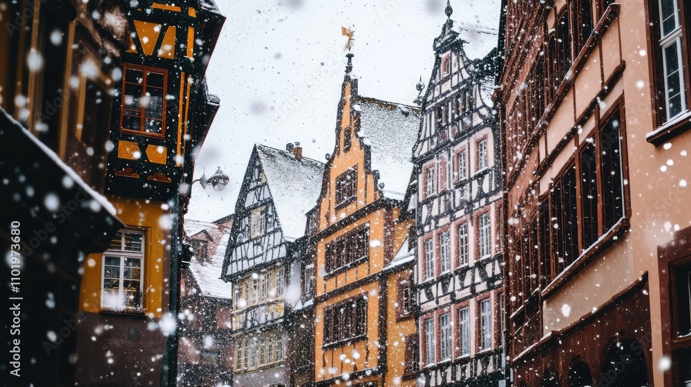 Fototapeta premium Winter town scene with snow-dusted buildings