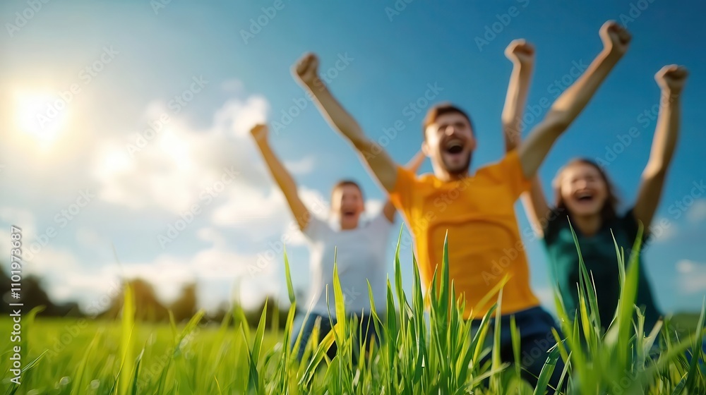 Happy group of friends or coworkers celebrating together outdoors raising their arms in an expression of joy freedom and enthusiasm They are enjoying the sunny summer day in a grassy field or park Happy group of friends or coworkers celebrating together outdoors raising their arms in an expression of joy freedom and enthusiasm They are enjoying the sunny summer day in a grassy field or park