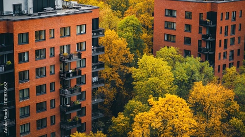 Autumn Foliage and Cityscape: Red Brick Building with Balcony Views