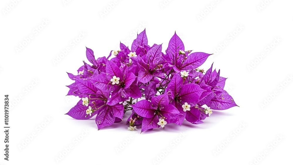 Vibrant purple bougainvillea bracts with white flowers on a white background Vibrant purple bougainvillea bracts with white flowers on a white background