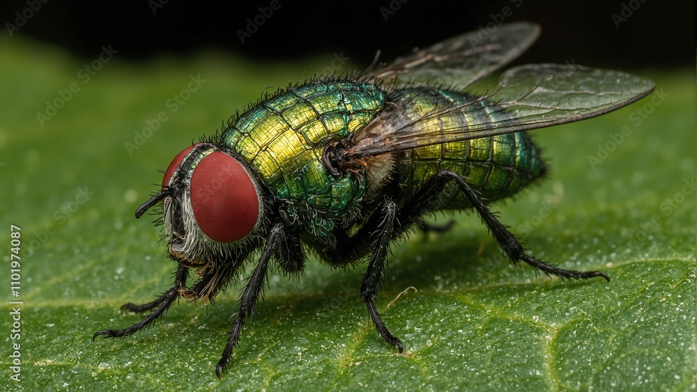 Macro view of metallic emerald green fly with red compound eyes on leaf Macro view of metallic emerald green fly with red compound eyes on leaf