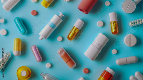 Various Types of Asthma Medications Displayed on a Light Blue Background, Close-Up View with Inhalers, Nebulizers, and Pills photo