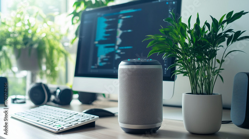 Smart speaker on a desk with computer monitor and keyboard photo