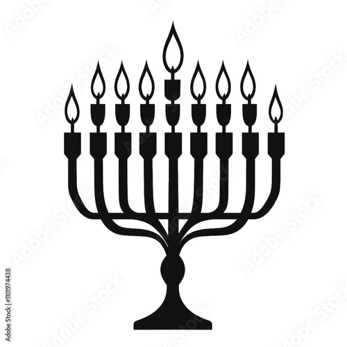 Minimalist Black Silhouette of Nine-Branched Hanukkah Menorah with Seven Candles, Elegant Symbol of Jewish Tradition, Culture, and Religious Celebration.