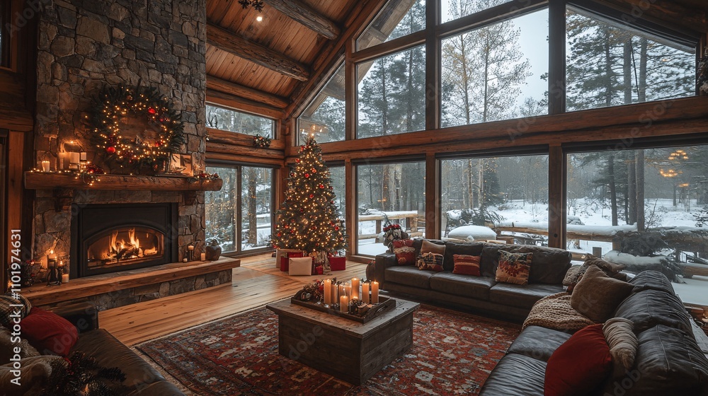 Cozy Luxury Cabin Living Area with Holiday Decor Cozy Luxury Cabin Living Area with Holiday Decor