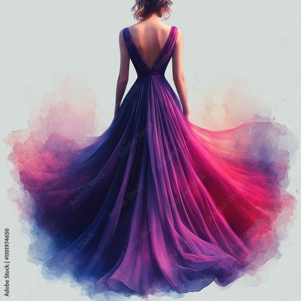 A woman in a flowing gradient dress, showcasing elegance and beauty. A woman in a flowing gradient dress, showcasing elegance and beauty.