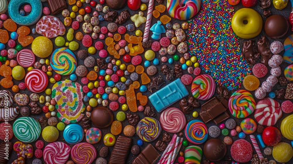 Fototapeta premium Vibrant array of festive sweets and candies, panoramic overhead view of assorted confectionery treats, featuring colorful chocolates, gummies, lollipops, and sprinkles.