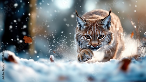 A lynx in pursuit, moving intently over a blurred snowy terrain, showcasing the raw survival instincts and predatory prowess of this majestic creature.