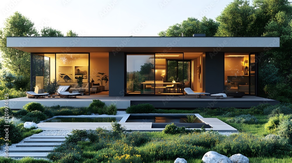 Cozy wooden garden house with an open plan and vibrant garden full of flowers and greenery, 3D rendering Cozy wooden garden house with an open plan and vibrant garden full of flowers and greenery, 3D rendering