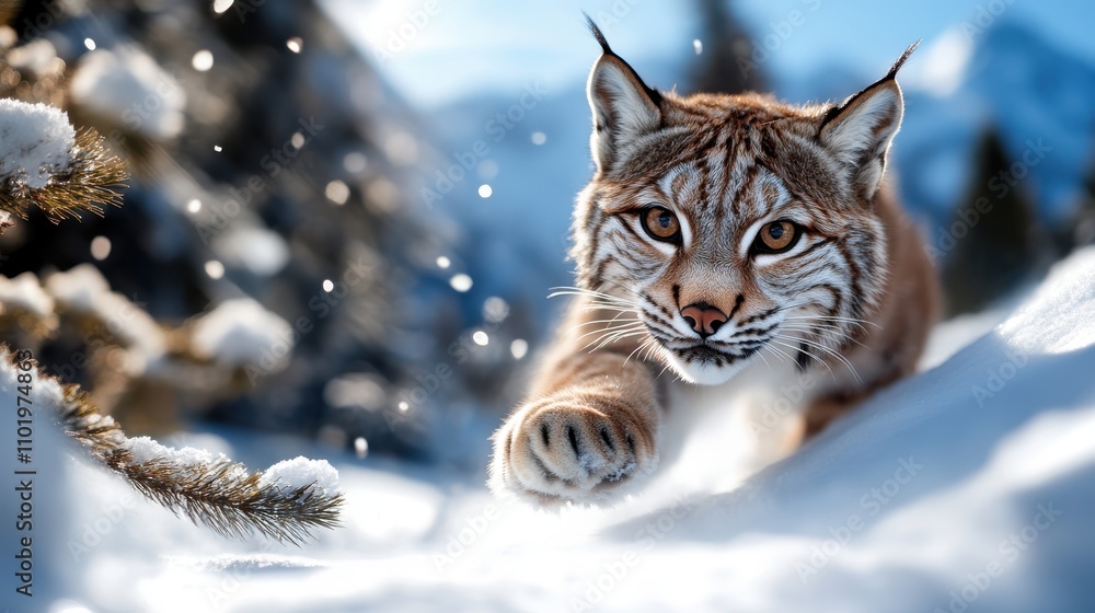 A majestic lynx strides gracefully through a snowy forest, its intense gaze focused ahead as snowflakes gently float down in the background under a clear blue sky.