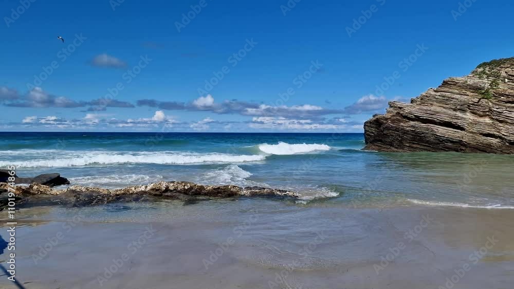 Drone,aerial As Catedrais , Cathedrals beach Northern Spain tide out dramatic waves breaking Drone,aerial As Catedrais , Cathedrals beach Northern Spain tide out dramatic waves breaking