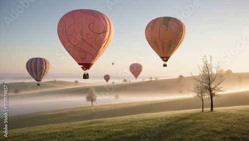 The scene is serene and dreamlike as colorful hot air balloons glide over the foggy terrain around daybreak.