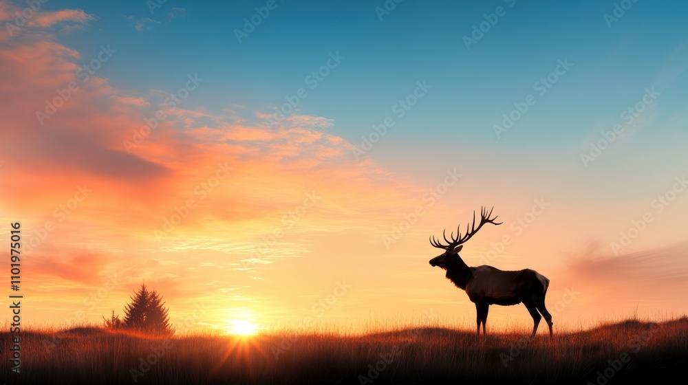 A majestic elk stands silhouetted against a stunning sunset sky, representing strength and majesty, amidst a peaceful and serene natural landscape. A majestic elk stands silhouetted against a stunning sunset sky, representing strength and majesty, amidst a peaceful and serene natural landscape.