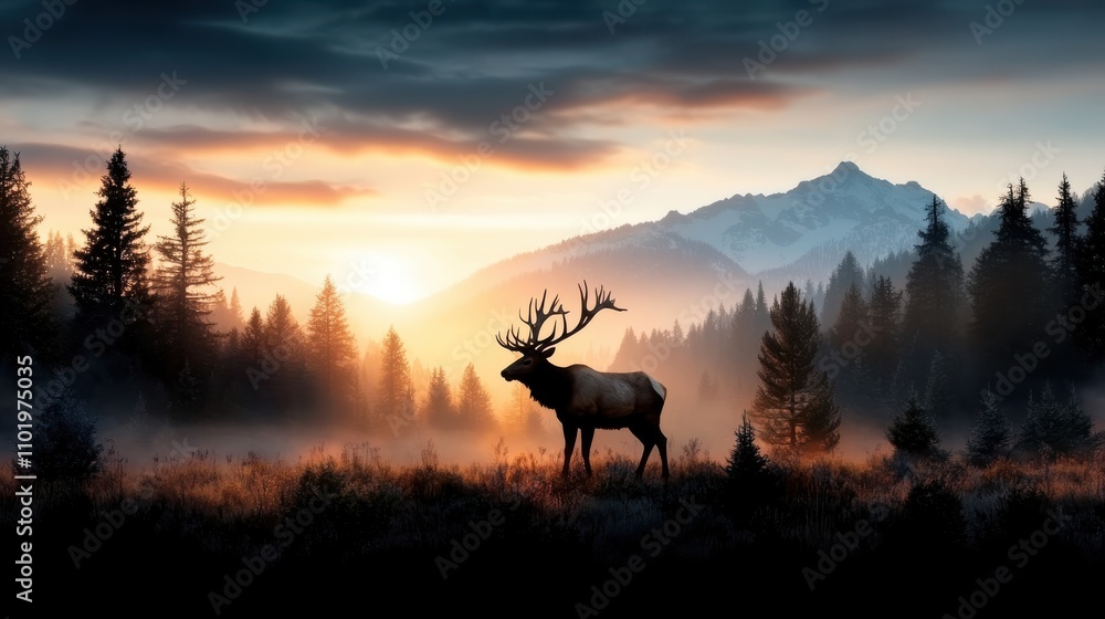 An elk stands proudly in a misty forest setting as the sunrise illuminates the mountains in the background, creating a picturesque and tranquil scene. An elk stands proudly in a misty forest setting as the sunrise illuminates the mountains in the background, creating a picturesque and tranquil scene.