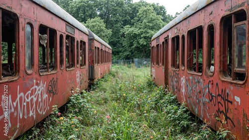 Abandoned red railway car covered in graffiti windows shattered surrounded by overgrown vegetation