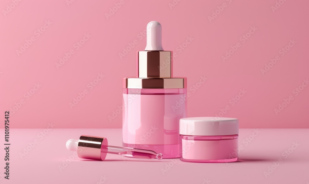 Packaging: pink product bottle that are intended to beauty and nourish the skin of young women with the fragrance of flowers on a pink background. Packaging: pink product bottle that are intended to beauty and nourish the skin of young women with the fragrance of flowers on a pink background.
