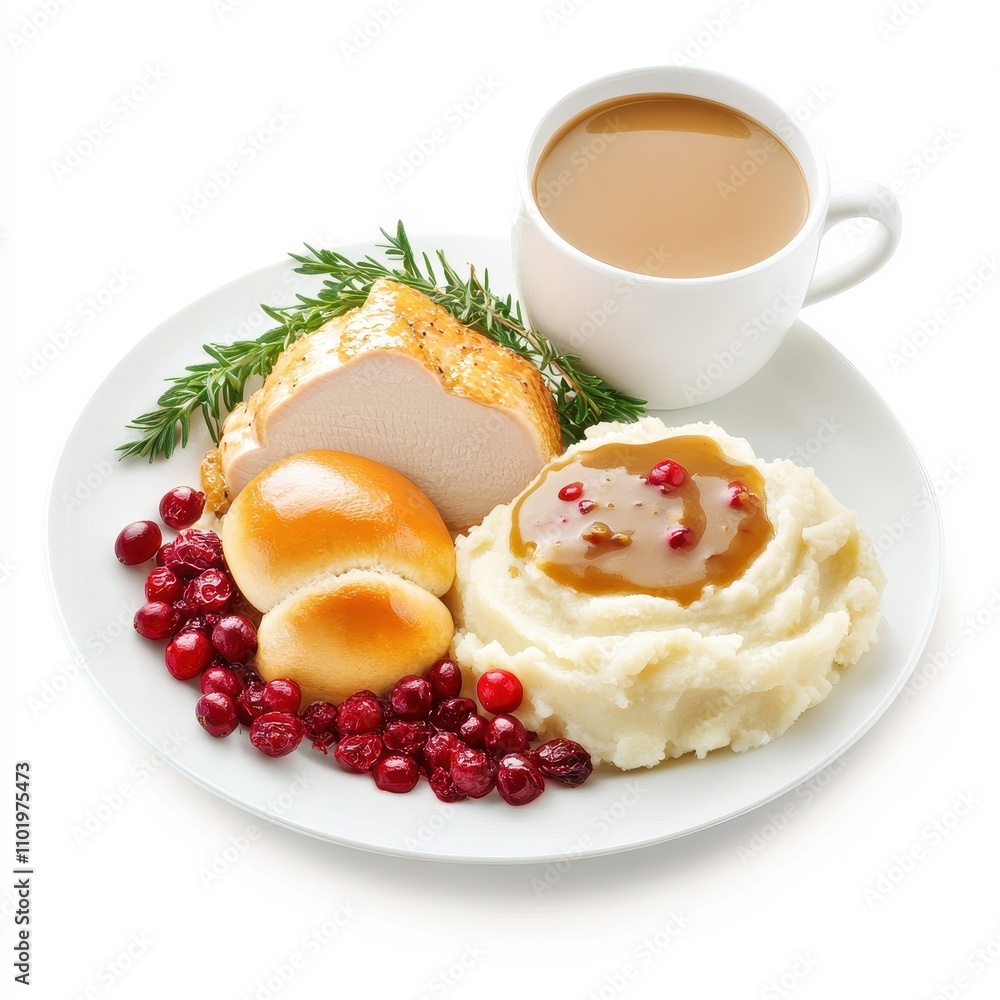 Fototapeta premium Delicious Thanksgiving meal featuring turkey, mashed potatoes, cranberry sauce, rolls, and a cup of coffee.