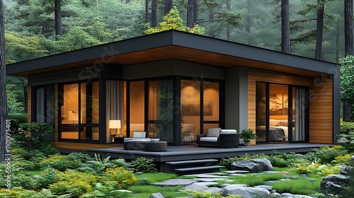 Fototapeta Naklejka Na Ścianę i Meble -  3D illustration of a garden house with natural wood design, open spaces, and surrounded by vibrant flowers and greenery