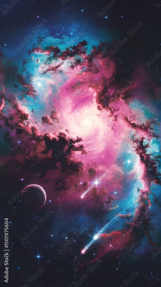 Fototapeta premium Vibrant cosmic galaxy swirls and nebula with surreal starry hues, space art