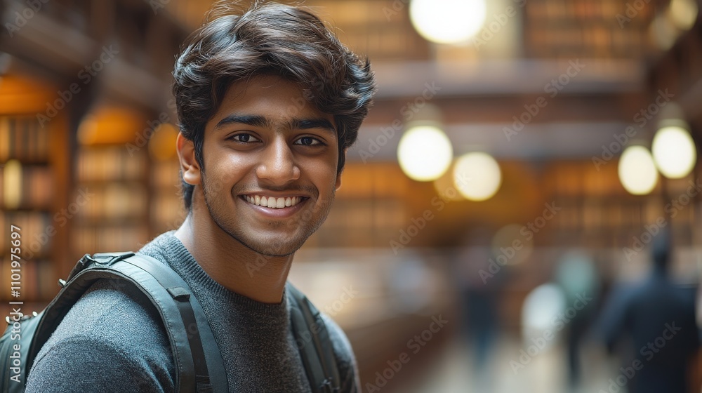 Naklejka premium A young man smiling in a library, surrounded by books and a warm atmosphere.