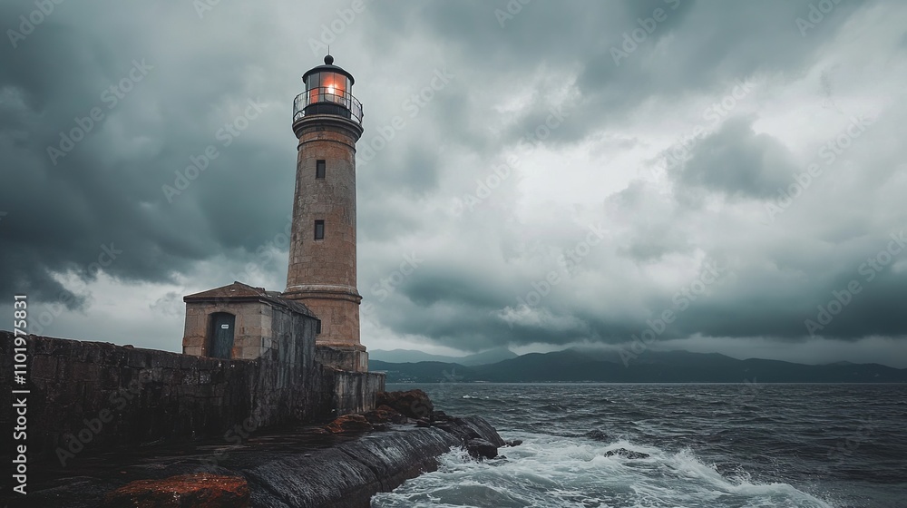 Obraz premium Tall Historic Lighthouse Standing Against Stormy Sky and Ocean Waves