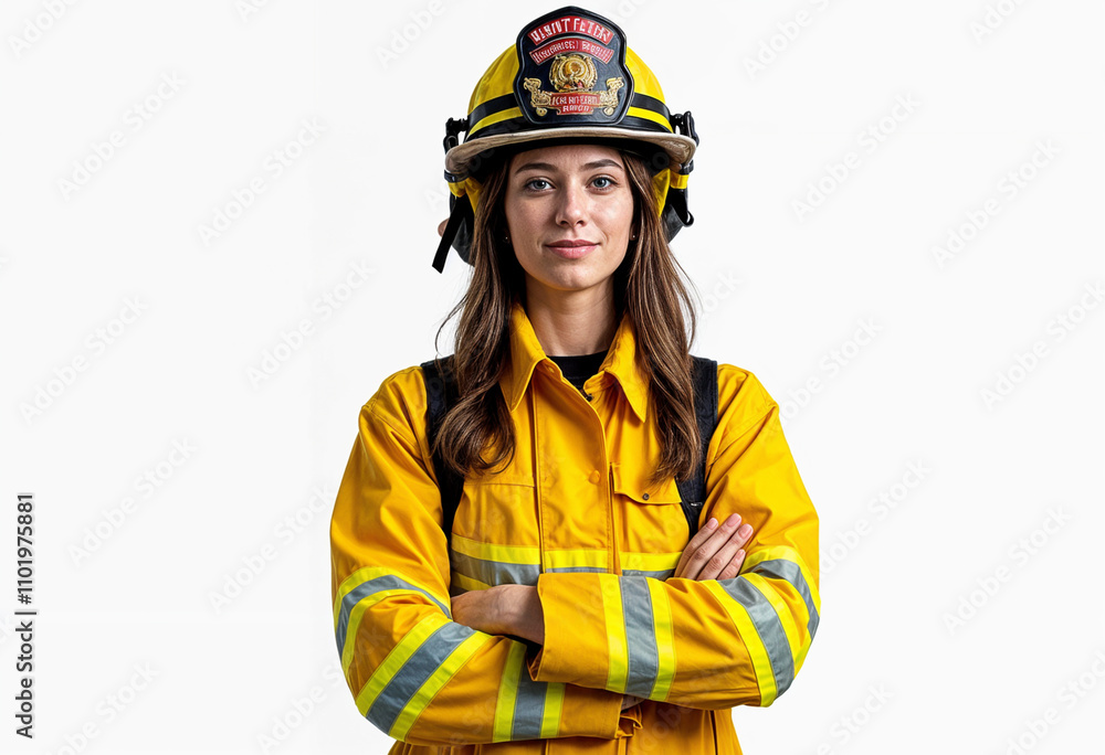 A female firefighter confidently stands arms crossed wearing yellow gear. A female firefighter confidently stands arms crossed wearing yellow gear.