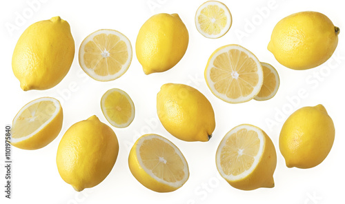 Dynamic lemon cascade on dark backdrop, varied shapes and sizes with slices revealing juicy yellow flesh, creating fresh energy. photo