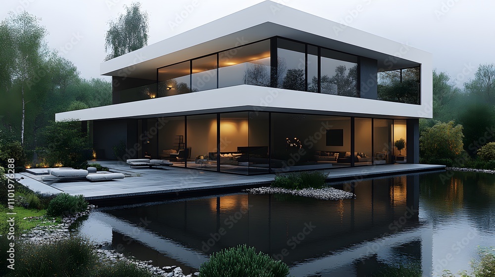 Fototapeta premium 3D rendering of a minimalist modern house with open floor plan, clean lines, and contemporary materials