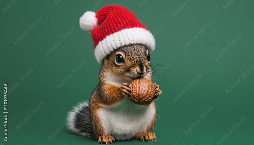 Adorable baby squirrel dressed for Christmas joyfully clutching a festive nut, capturing the essence of cute animals celebrating the holiday season. Adorable baby squirrel dressed for Christmas joyfully clutching a festive nut, capturing the essence of cute animals celebrating the holiday season.