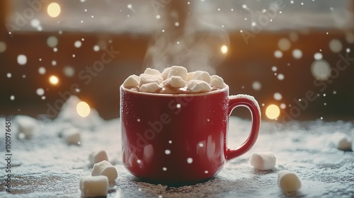 Steaming mug of hot chocolate topped with marshmallows in snowy setting.