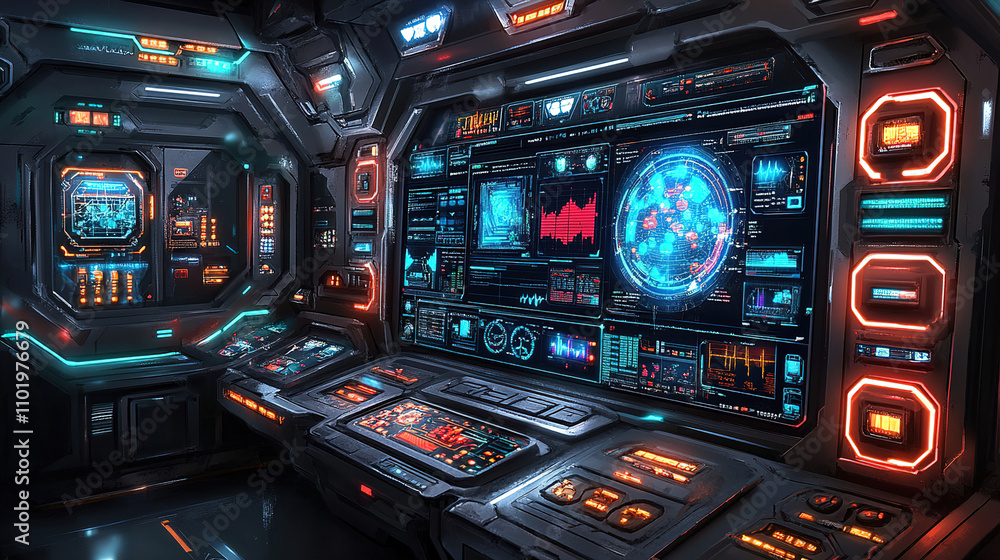 Futuristic control room with glowing screens and advanced technology at night. Generative AI Futuristic control room with glowing screens and advanced technology at night. Generative AI