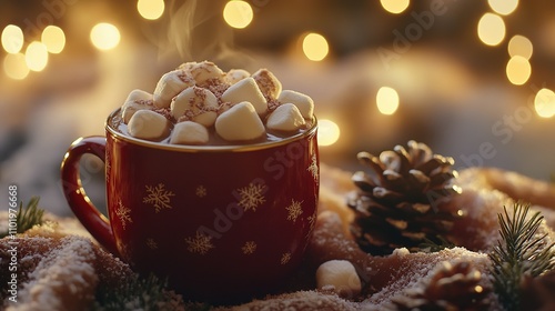 Festive Hot Cocoa with Marshmallows, Glowing Lights, and Pine Cone