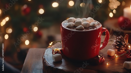 Steaming Hot Chocolate with Marshmallows, Festive Christmas Setting