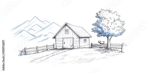 serene farm scene featuring barn, fence, and cow