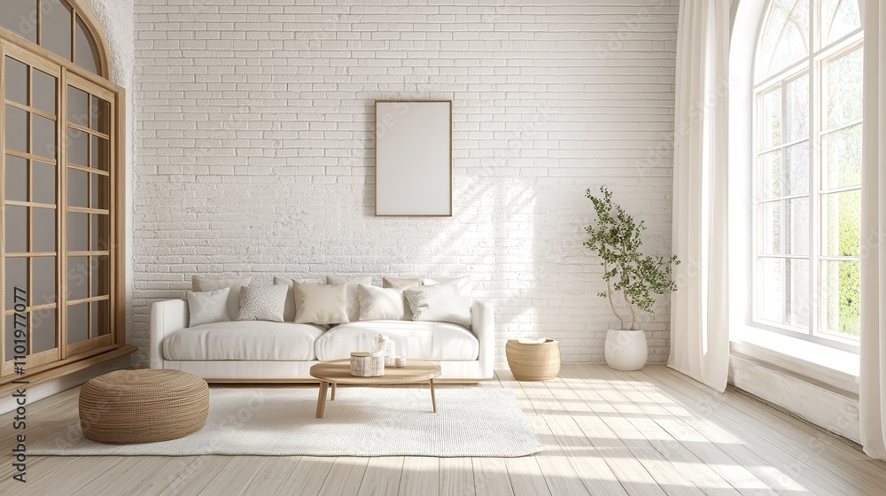 Fototapeta premium Vintage Interior Design with White Brick Wall and Cozy Furniture